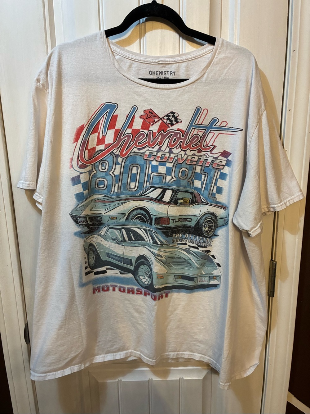 Chemistry White Tee with Red and Blue Corvette Graphic